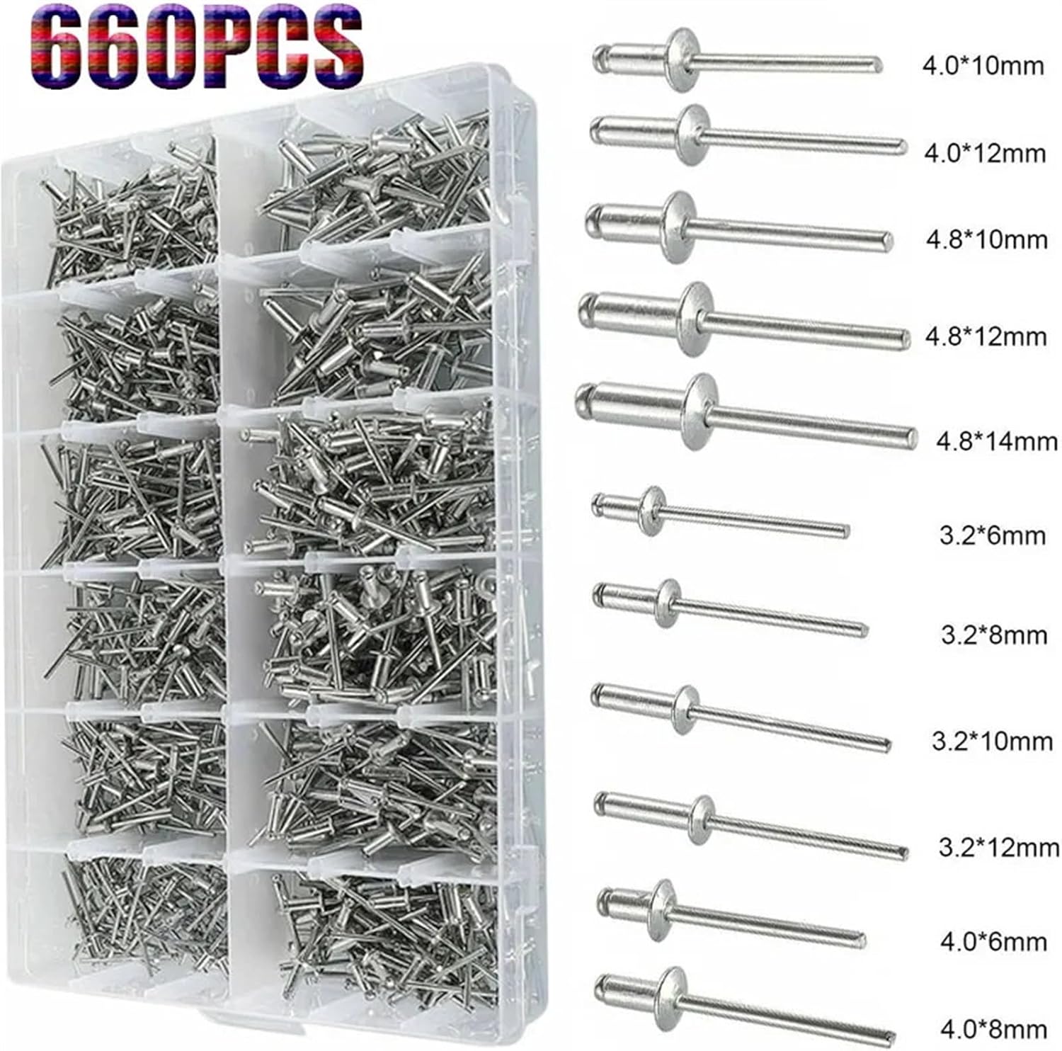 660pcs 3.2/4/4.8mm Aluminum Dome Head Blind Rivet Round Head Pull Rivet Decoration Nail Rivet Exhaust Rivet Pop Pull Rivet