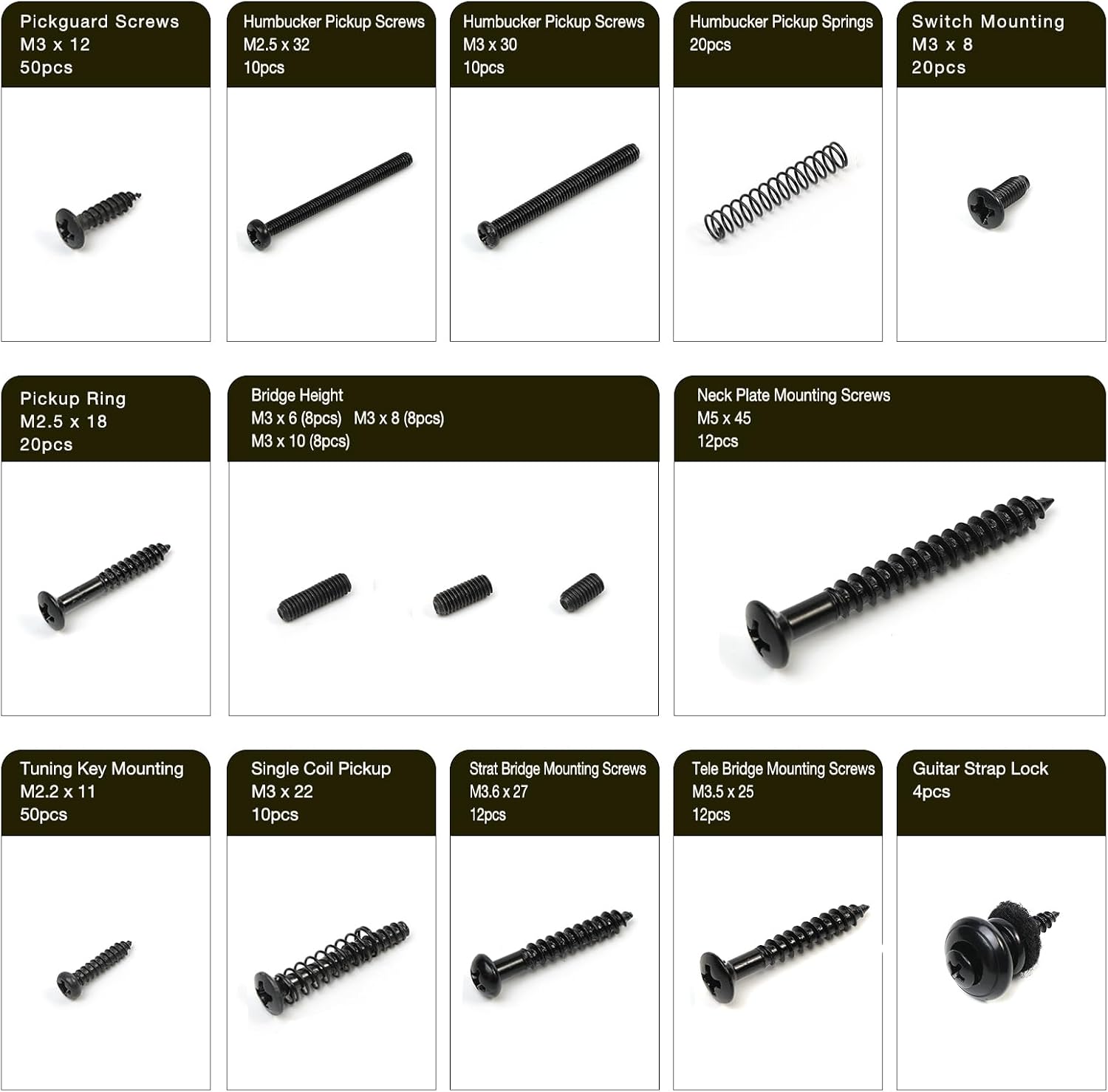 15 Types Guitar Screws Kit, Electric Guitar Repair Building Parts for Strat Tele, Includes Pickguard/Tuner/Bridge/Pickup Ring/Switch/Neck Plate Screws, Universal DIY Guitar Accessories