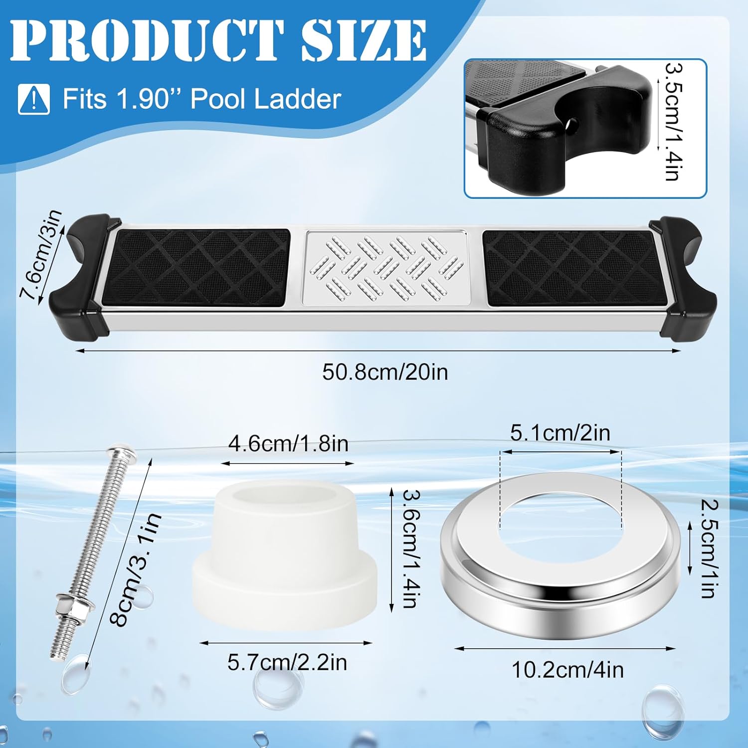 6Pcs Stainless Steel Pool Ladder Steps Replacement with Pool Ladder Escutcheon & Pool Ladder Bumpers 1.9 Inch Non Slip Swimming Pool Ladder Rung Step with Bolts for Inground and Above Ground Pools