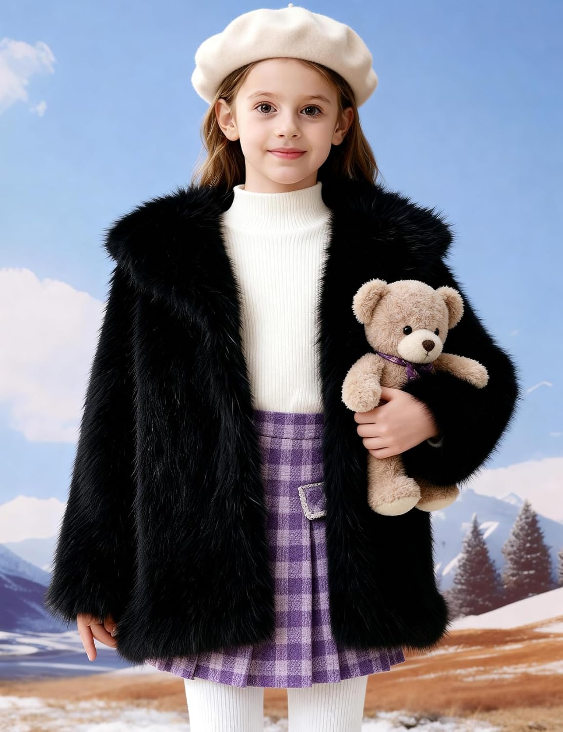 Flygo Girls Faux Fur Coat Fluffy Winter Fur Jacket Midi Lapel Long Sleeve Furry Shaggy Coats Outerwear 5-14 Years - Image 2