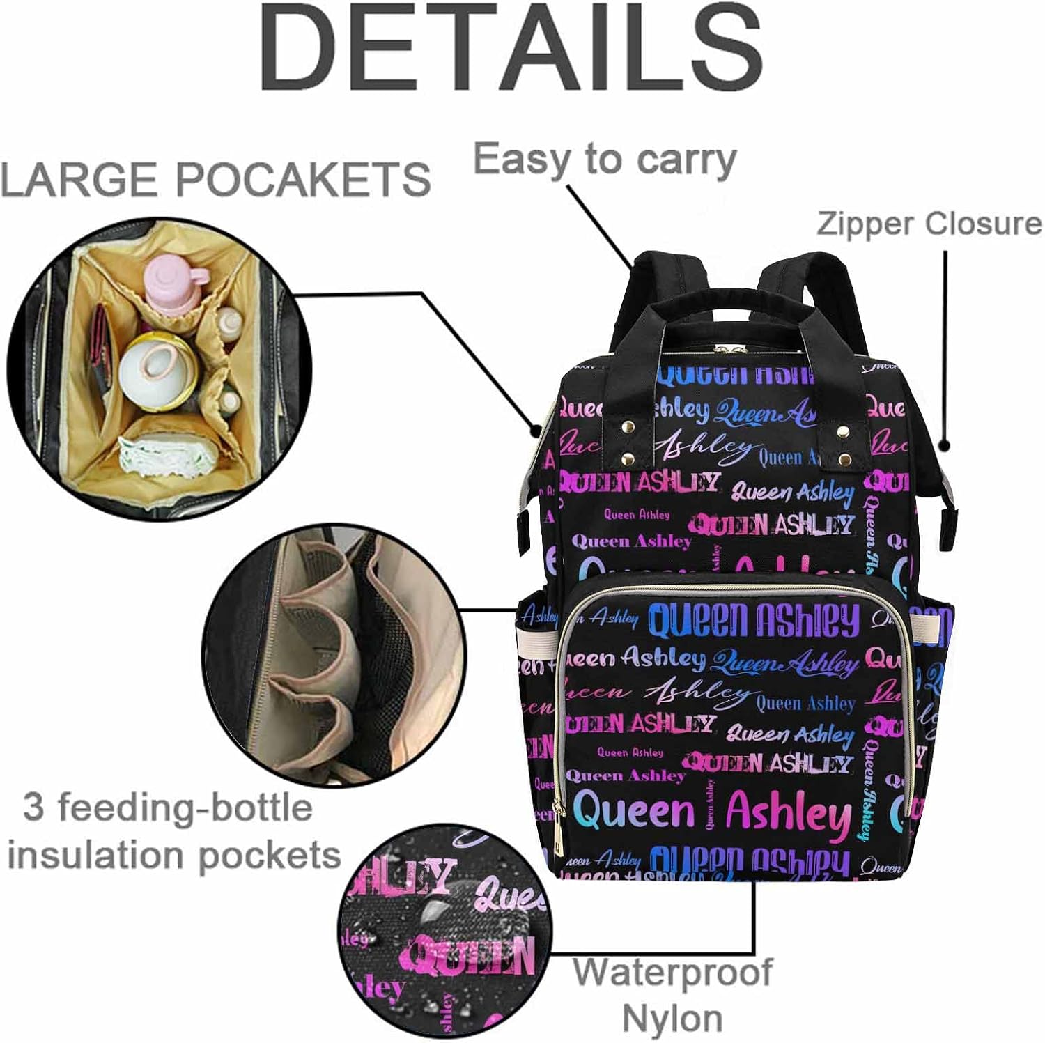 InterestPrint Personalized your own name with colour gradient font Customized Diaper Backpack Gift for Mom Boys & Girls