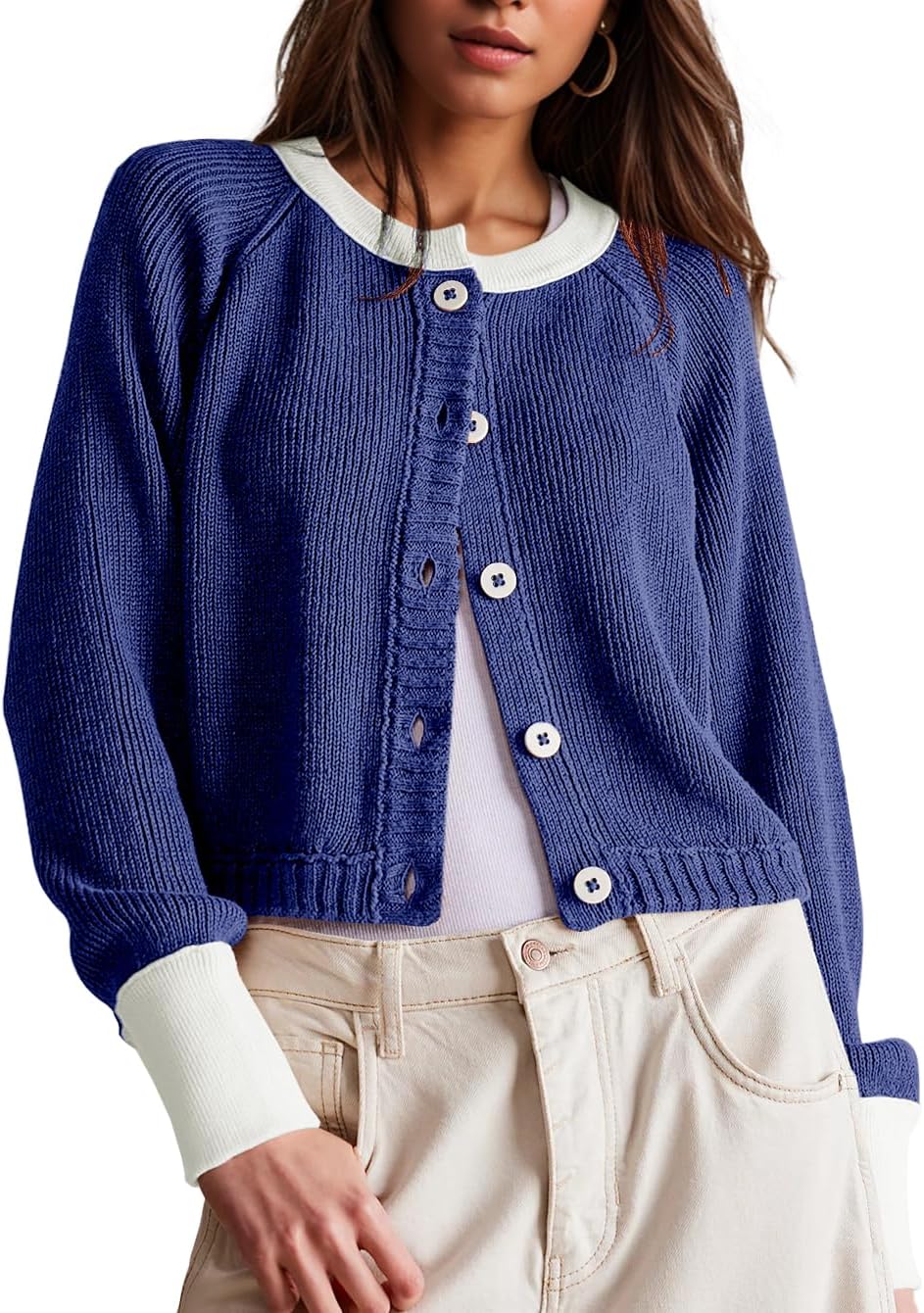 UNCLECAT Women's Cropped Cardigan Sweaters Fall Long Sleeve Open Front Cardigans Button Down Color Block Knit Outwear Coats
