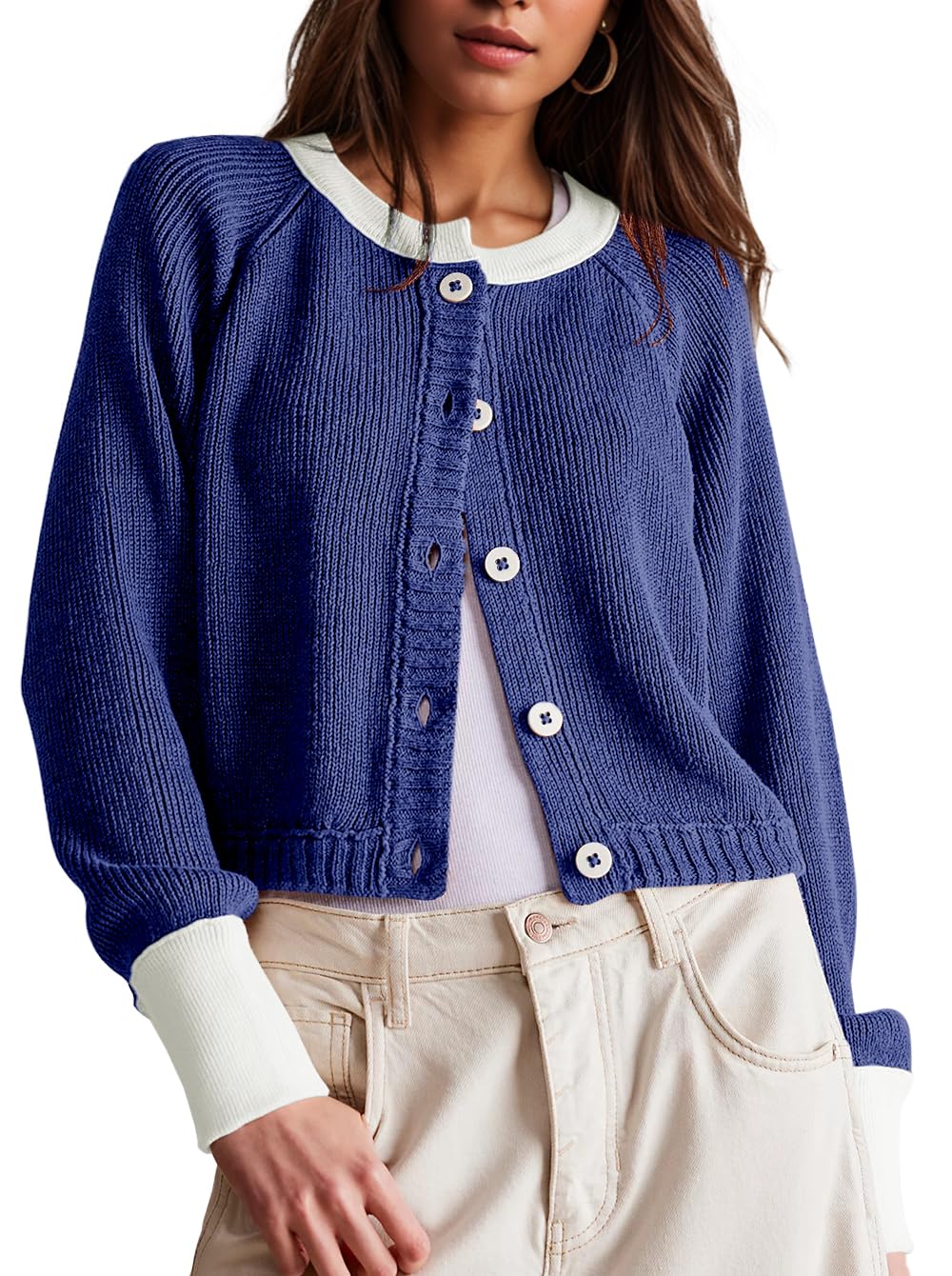 unclecat Women's Cropped Cardigan Sweaters Fall Long Sleeve Open Front Cardigans Button Down Color Block Knit Outwear Coats-picture-30