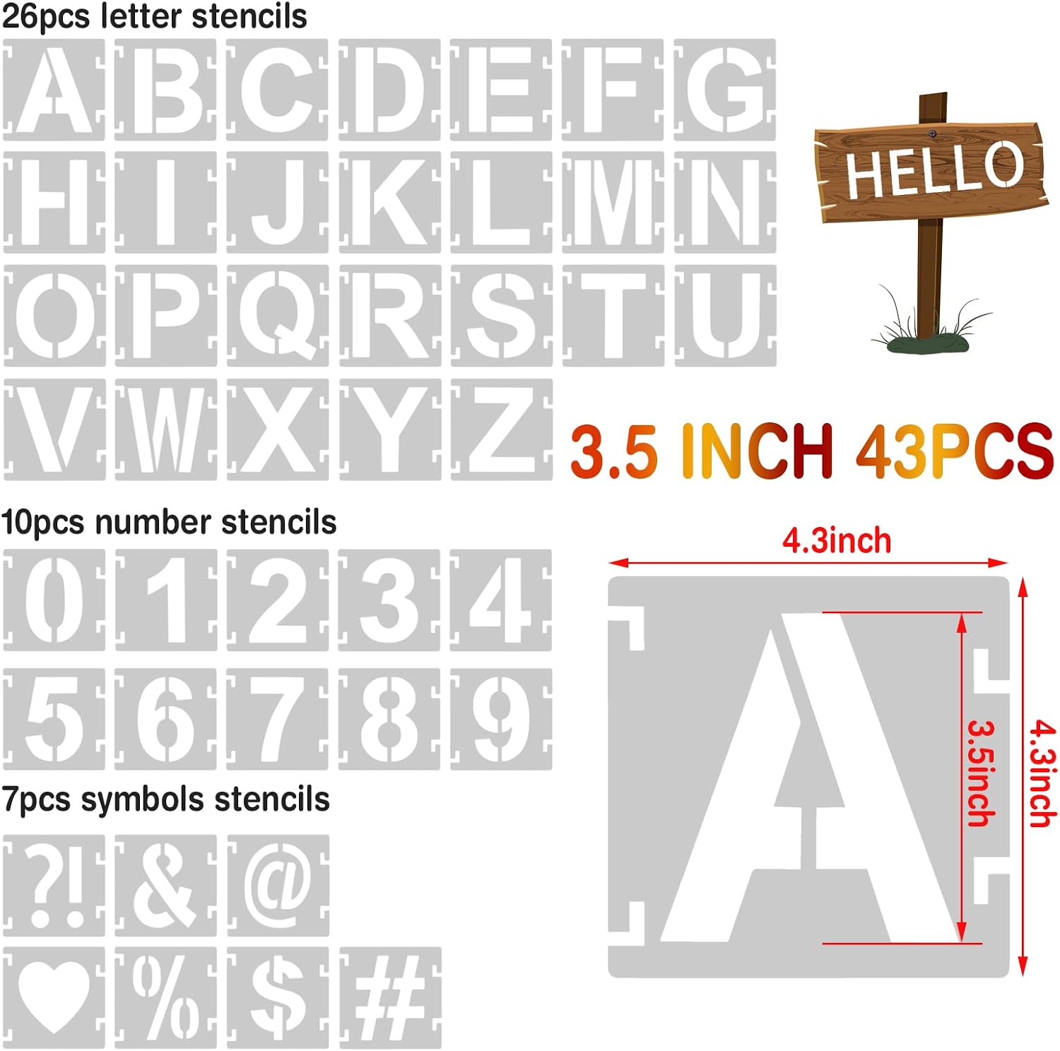 3.5Inch Letter Stencils for Painting, 43 Pcs Reusable Alphabet Symbol Numbers Stencils Interlocking Kit for Painting on Wood, Wall, Fabric, Rocks, Chalkboard, Sign & DIY Art (3.5 inch) image 3