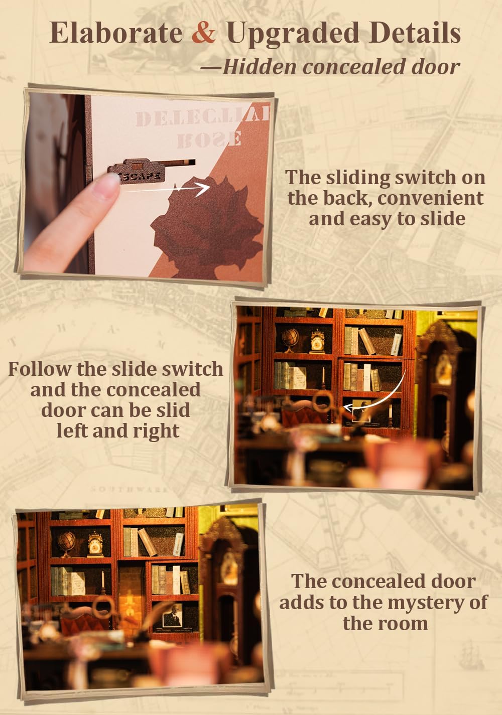 Sliding switch mechanism for the concealed door on the Book Nook