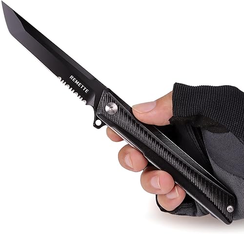 Miniatura 8 de Cuchillo táctico de bolsillo GD22K, Flipper Open D2 de acero Tanto plegable con mango G10 duradero, cuchillo EDC para hombres y mujeres, cuchillos