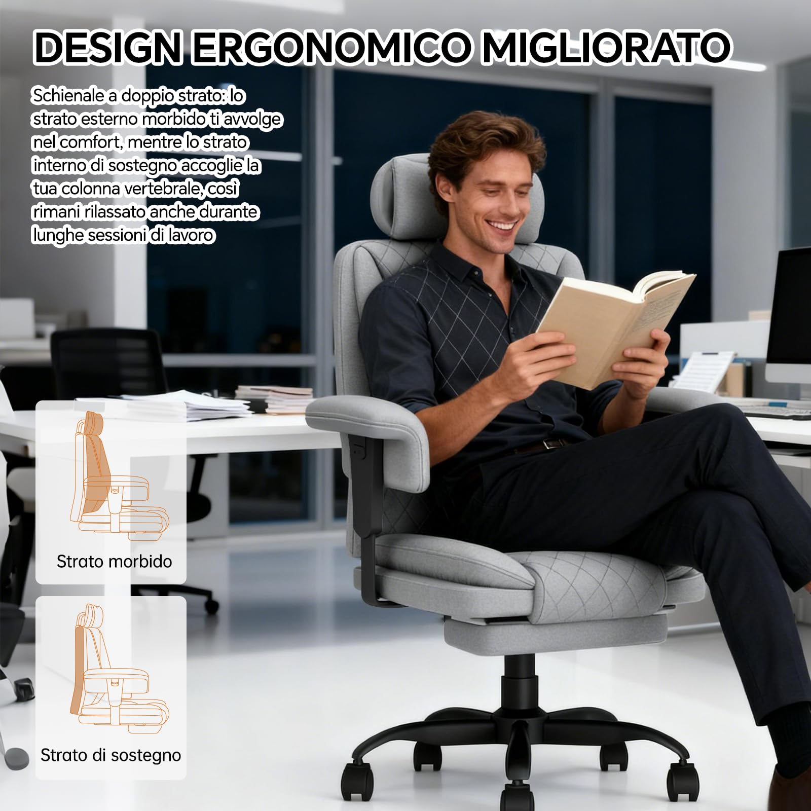 Sedia Scrivania Sedia Ufficio Direzionale Braccioli Sollevabile, Poltrona Ufficio Ergonomica con Schienale Alto Regolabile in Altezza con Supporto Lombare, Sedia da Ufficio 200KG, Grigio