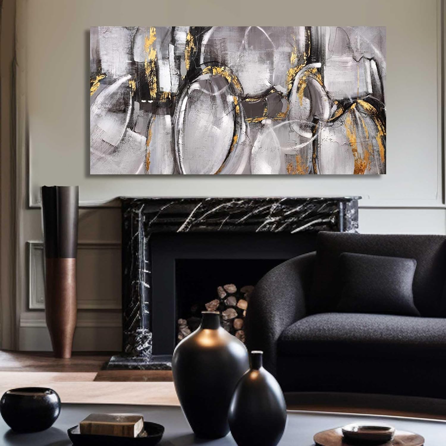 XIANSHOU Black and Grey Painting Pictures Abstract Wall Decor for Office 29x 58 Modern Artwork Gold Foil Wall Art for Living Room Dining Room Bedroom