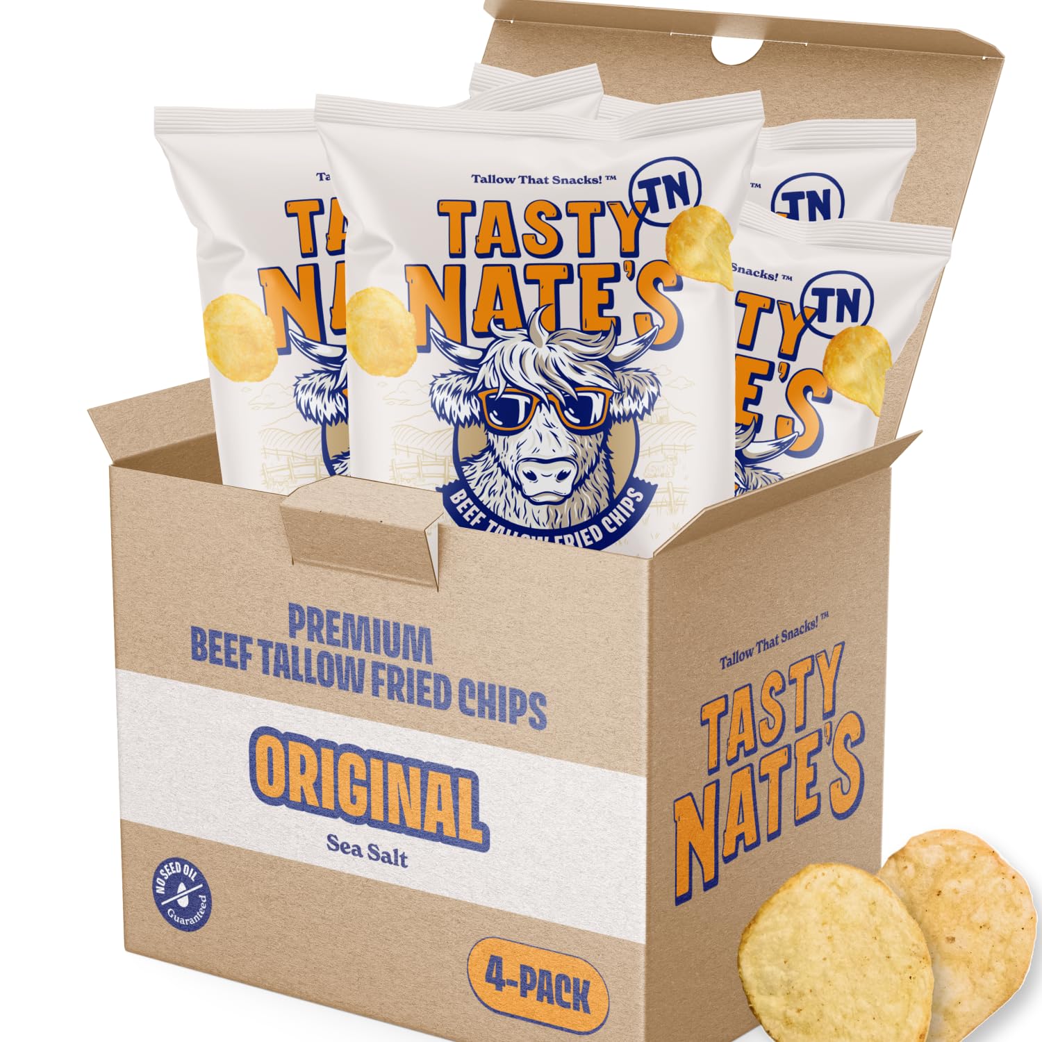 Tasty Nate’s Beef Tallow Potato Chips Original Sea Salt Kettle Chips Made with 100% Beef Tallow Seed Oil Free - Gluten Free Healthy Snacks Paleo Friendly 7oz Bag - Pack of 4