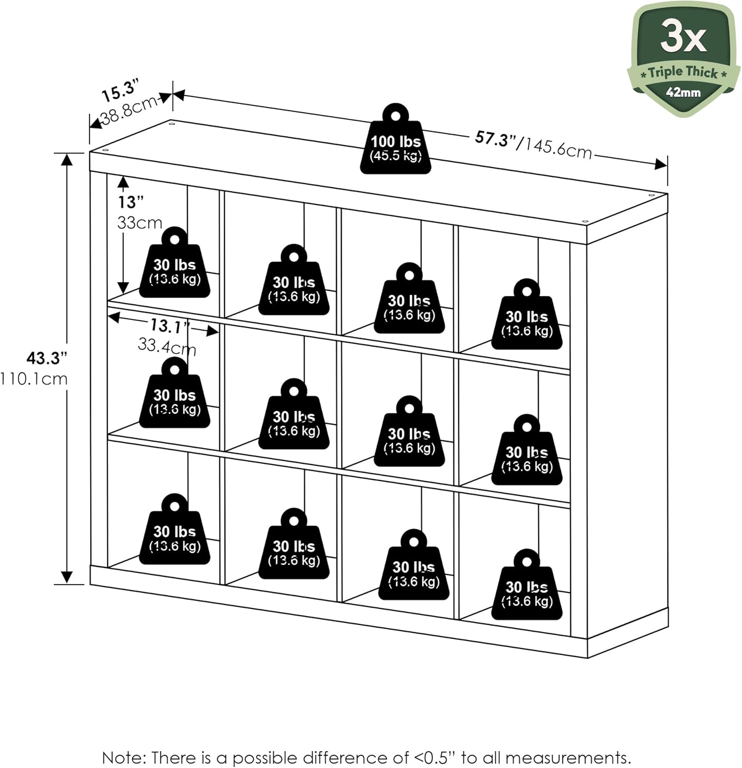 Furinno Cubicle Book Shelf, 12-Cube Bookshelf, Triple Thick Frame Cube Storage Organizer, 1.65" Thick Bookcase, 15.4" x 57.4" x 43.4", for Home Office, Living Room, Plain White