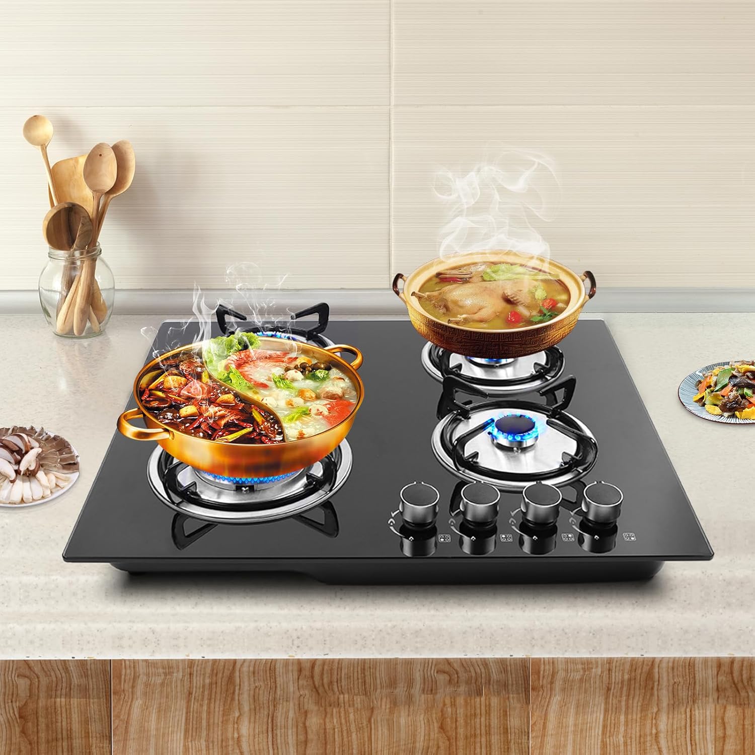 4 Burner Gas Cooktop, Built-in Propane Stove, 23 Inch Stainless Steel Stove with Clear Marks, 4 Pot Burners & Plug-in Ignition Device for Homes Hotels Restaurants