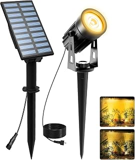 T-SUNUS Solar Landscape Spotlights 3000K Warm White Metal Lights IP65 Waterproof 9.8ft Cable 2000mAh Panel Auto On/Off Pathway Yard Christmas