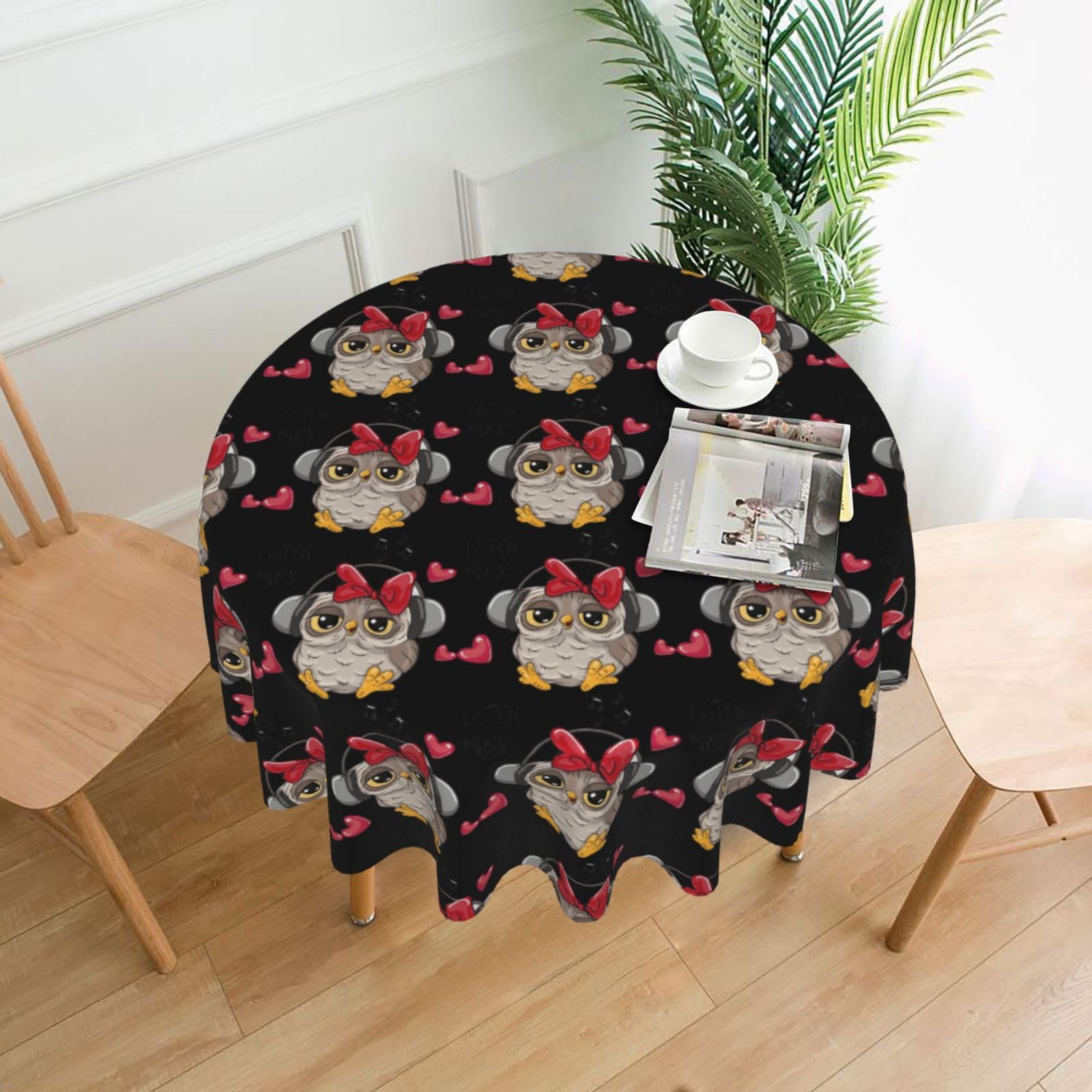WHJSHOP Love Owl Prints Round Decorative Tablecloth 60in – High-Grade Polyester Throw Cover for Dining Table Protection & Elegant Home Decor
