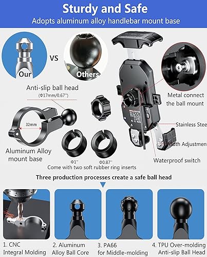 Miniatura 4 de KEWIG Soporte de teléfono para motocicleta Qi de 15 W inalámbrico y USB C 20 W, puerto de carga rápida, bloqueo automático y liberación rápida para