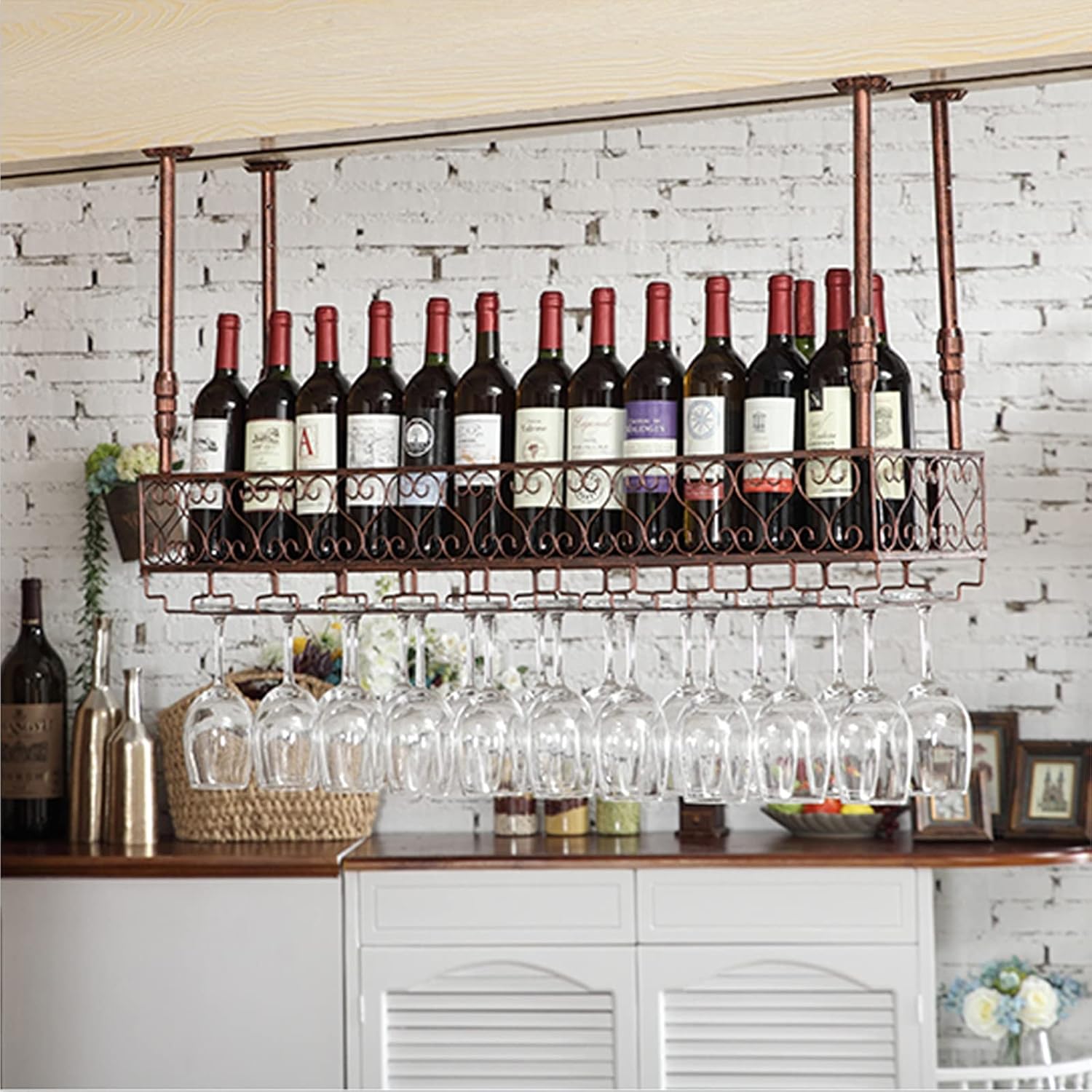 Ceiling Wine Rack - 2 Layer Metal Wine Rack with Glass Holder, Hanging Wine Glass Rack, Black wall-Mounted Wine Glass Rack Perfect for Bar Cafe Kitchen (Size : 80 * 30 * 80cm)