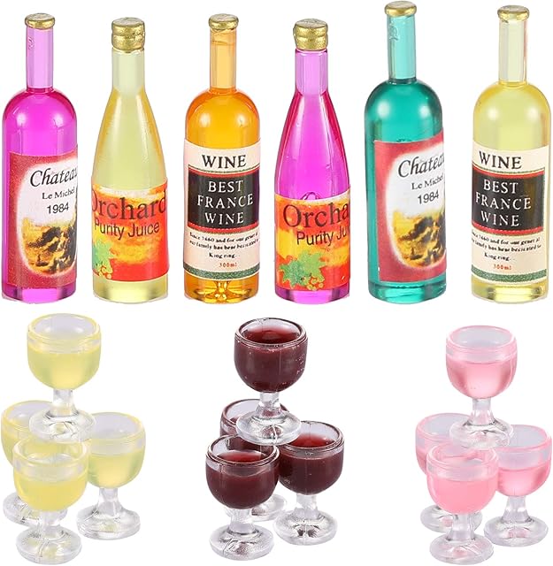 18 Pieces Dollhouse Wine Bottles Champagne Cups for Doll Miniature Wine Glasses Goblet Cups Mini Red Wine Bottles Miniature Drink Bottles Kitchen Accessories for Dollhouse Decors (Red Wine Style)