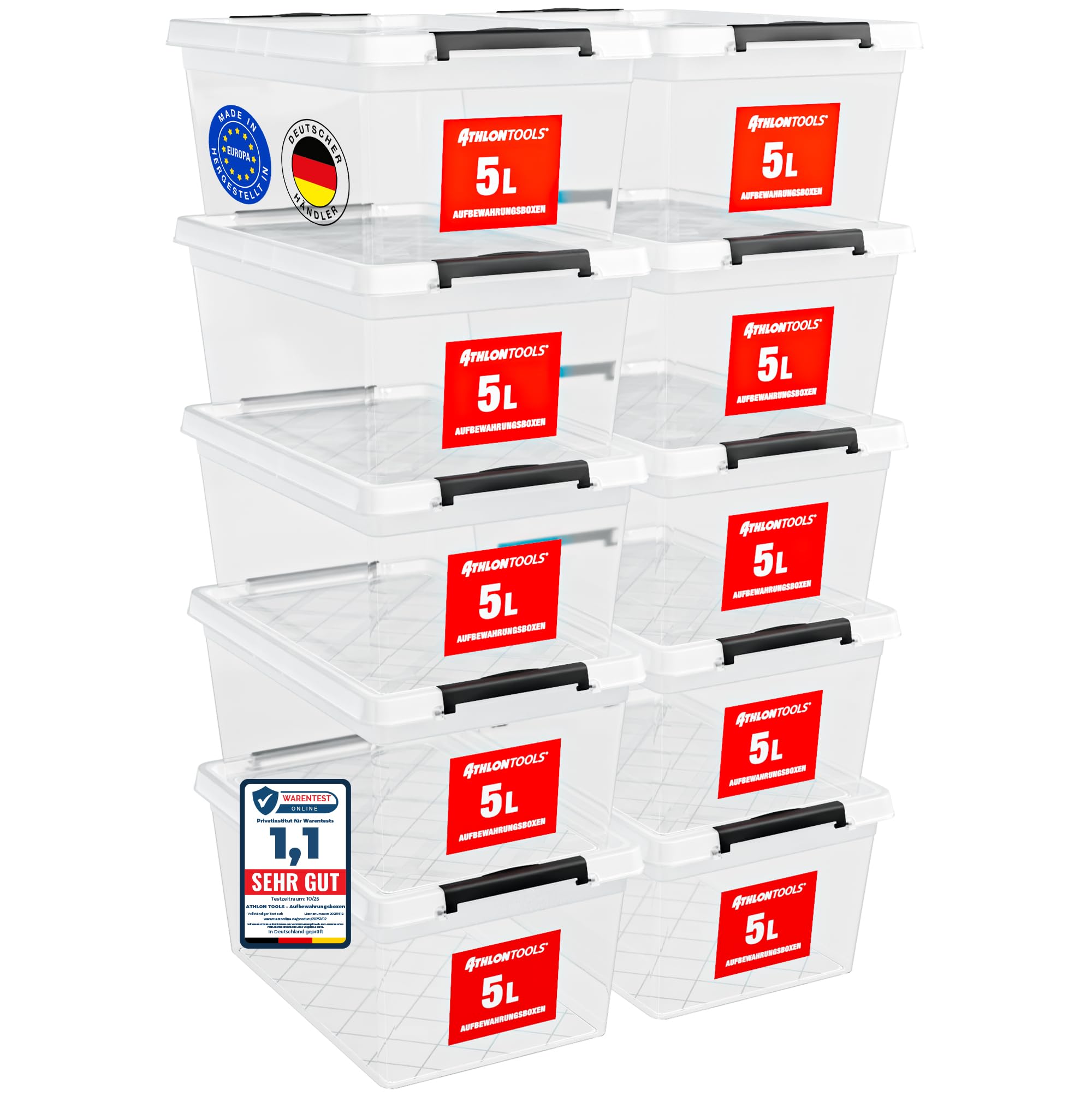 ATHLON TOOLS 10er Set 5l Aufbewahrungsbox mit Deckel klein - 100% Lebensmittelecht BPA frei - Plastikbox mit Deckel stapelbar - Aufbewahrung & Ordnung - Kunststoff Stapelboxen aus Neumaterial