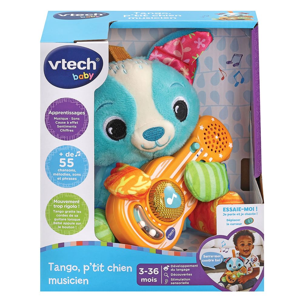 VTech - Tango, P'tit Musician Dog, Pluszowy szczeniak dziecka z interaktywną gitarą, budzenie muzyczne, zabawka do wózka, fotelik samochodowy i park dla niemowląt, prezent dla dzieci od 3 miesięcy -