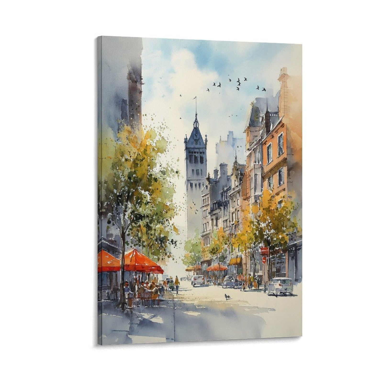 XWYMXZ Boston Skyline Watercolor Painting Mid-Century Modern Massachusetts Travel Poster 24x36inch(60x90cm) Vintage Watercolor Canvas Art