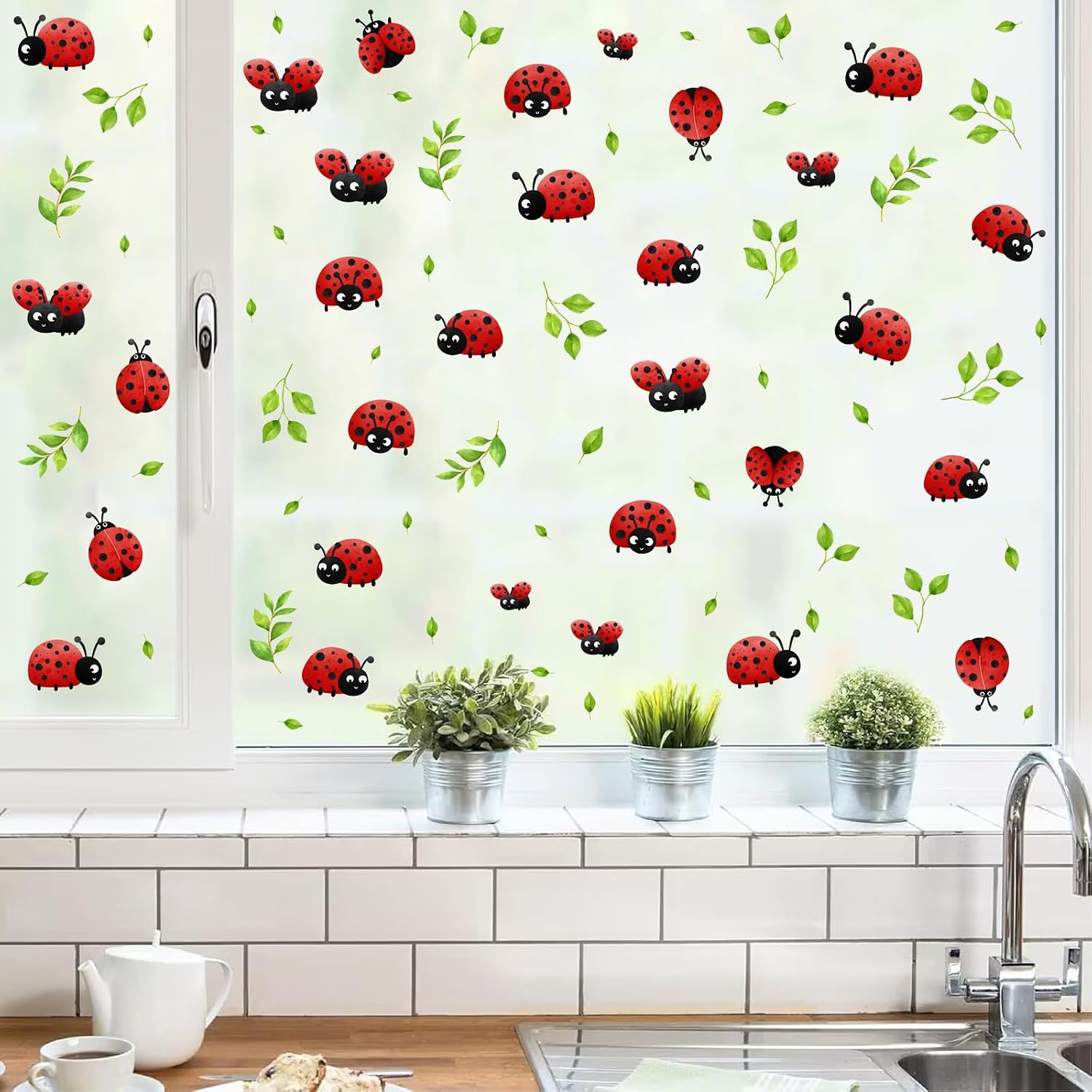 Cute Ladybug Decals Watercolor Lady Bug Window Clings Peel and Stick Green Leaf Decals Cartoon Insect Stickers Spring Summer Leaves Insects Stickers for Kids Bedroom Kitchen Farmhouse Decorations