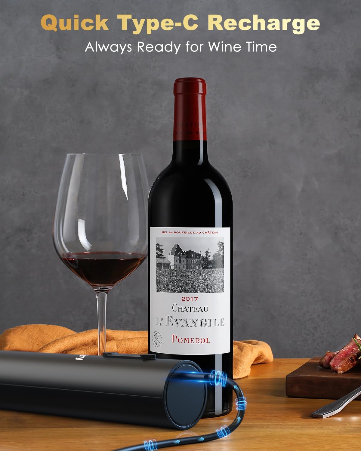 Electric Wine Opener, Rechargeable Wine Bottle Opener, Electric Corkscrew Wine Opener with Foil Cutter, Wine Pourer&Vacuum Stoppers, USB-C Charge Cable, Ideal Gift for House Warming Wedding Party - Image 4