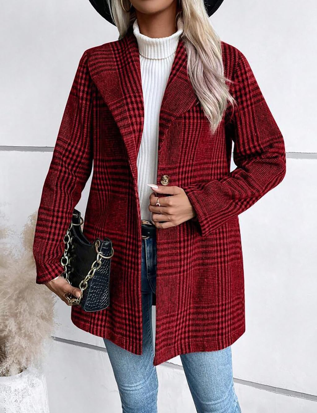 IDEALSANXUN Long Wool Plaid Blazer for Women Fall Outfits Winter Trench Coat Long Sleeve Casual Dressy Lapel Jacket Peacoat