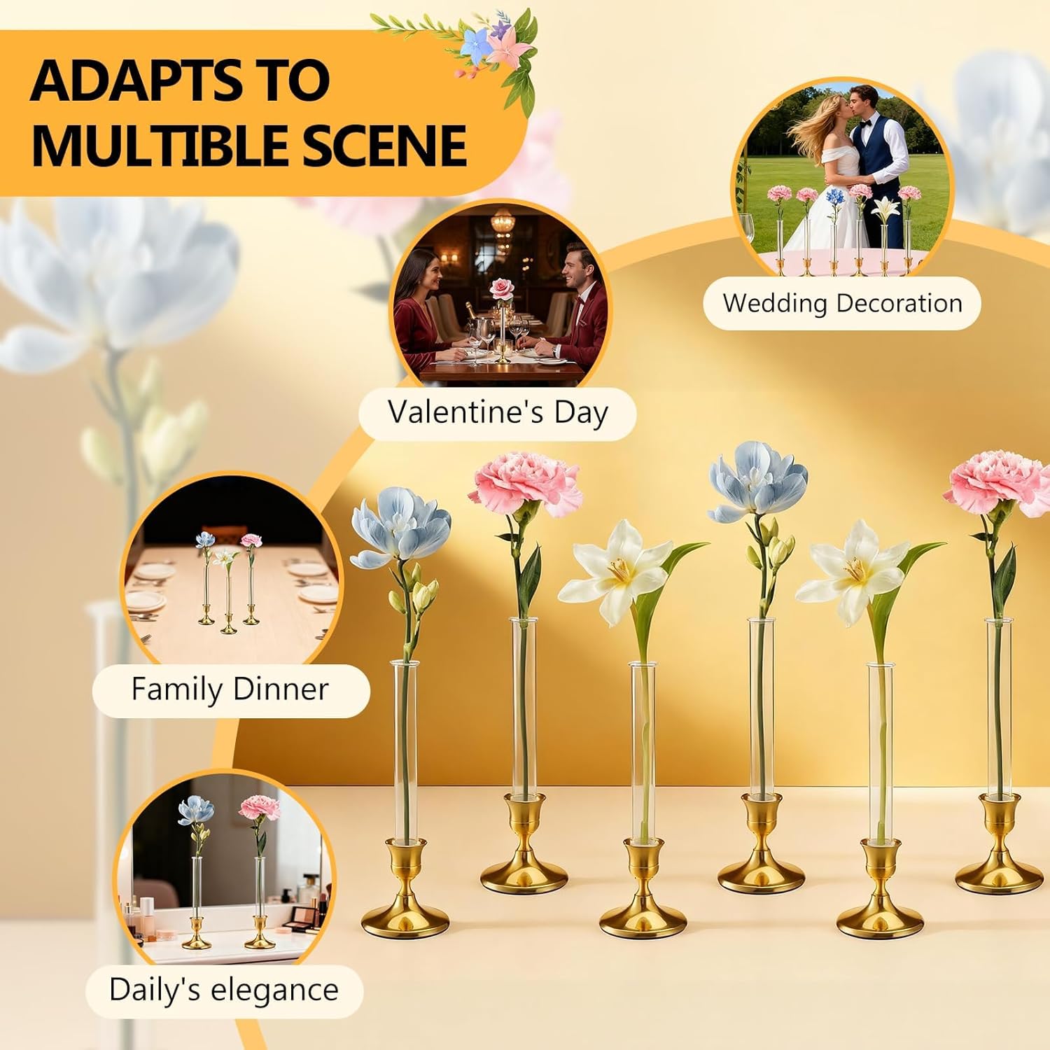 6-Pack Glass Bud Vase for Candlesticks & Brass Gold Taper Candle Holder Set, 7" Bud Vases for Flowers, Fits in 20-22mm Candle Vase Holders with Silicone Adapters for Tablescapes, Weddings & Home Decor
