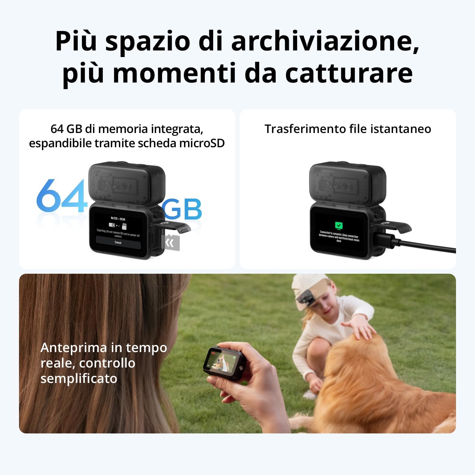 DJI Osmo Nano Bundle Standard (64 GB) – Mini videocamera vlog compatta 4K/60 fps con sensore da 1/1,3", video con ampio FOV di 143°, Registrazione di 200 minuti, Fotocamera magnetica POV 4K per Vlog