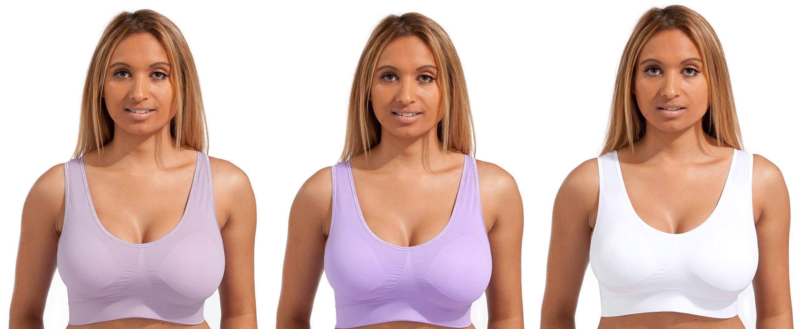 MarielMarielle 3 Pack Comfort Bra Women Girls Crop Top Seamless Bralette Sleep Yoga Stretch Vest Wire Free (Purple/Lilac/White, 3XL)