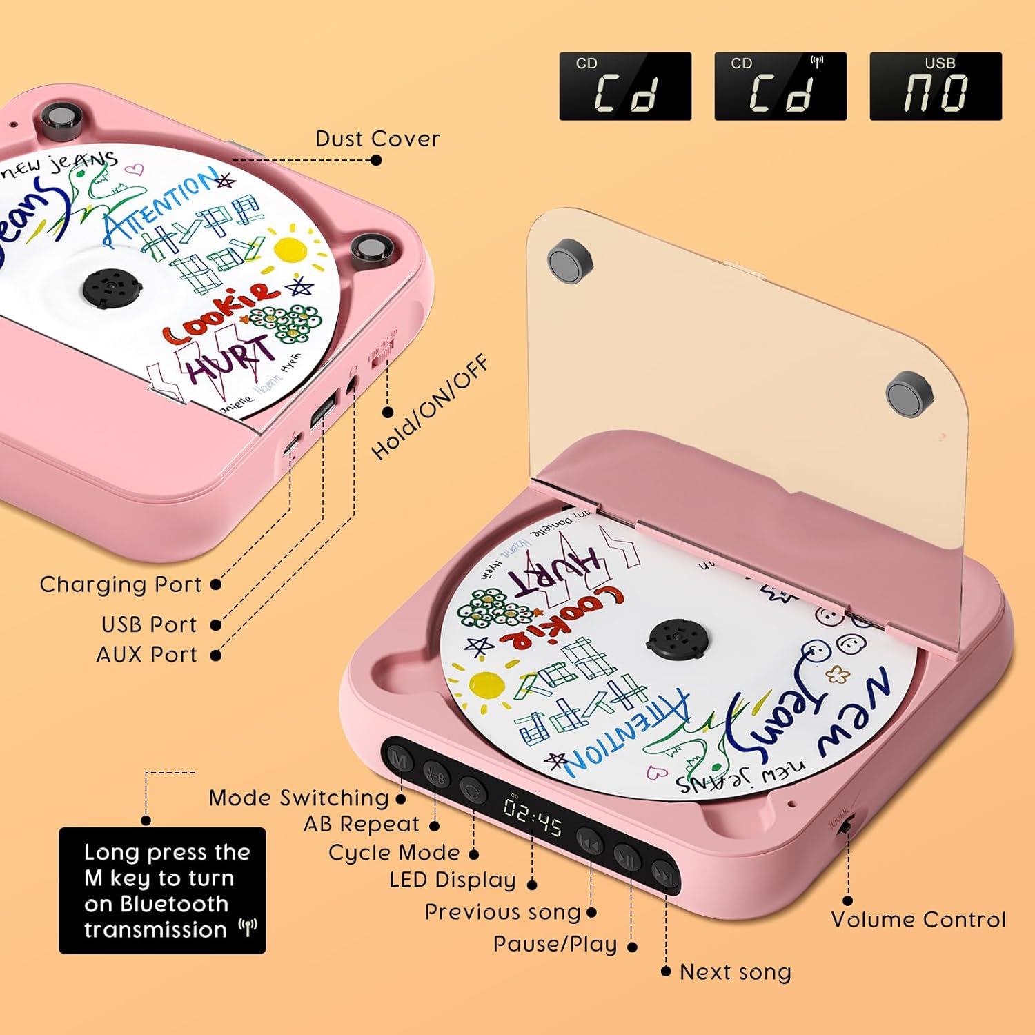 Portable CD Player with Bluetooth, Rechargeable CD Player for Home/Car, Built-in HiFi Speakers, Headphones, LCD Screen, Supports CD/AUX/USB and Repeat Modes, Pink