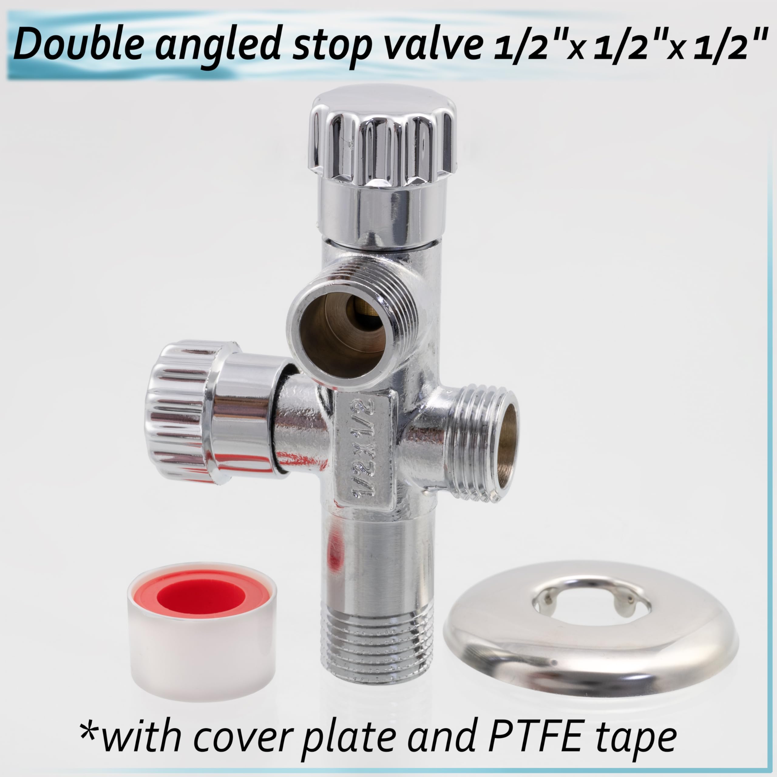 AERZETIX - Robinet Équerre à Doubles Sorties 1/2"x1/2"x1/2" avec Rosace et Joint PTFE - en Laiton - Finition Nickelée - Vanne Eau Potable Sanitaire Raccord Lavabo Salle de Bain Cuisine - C74961