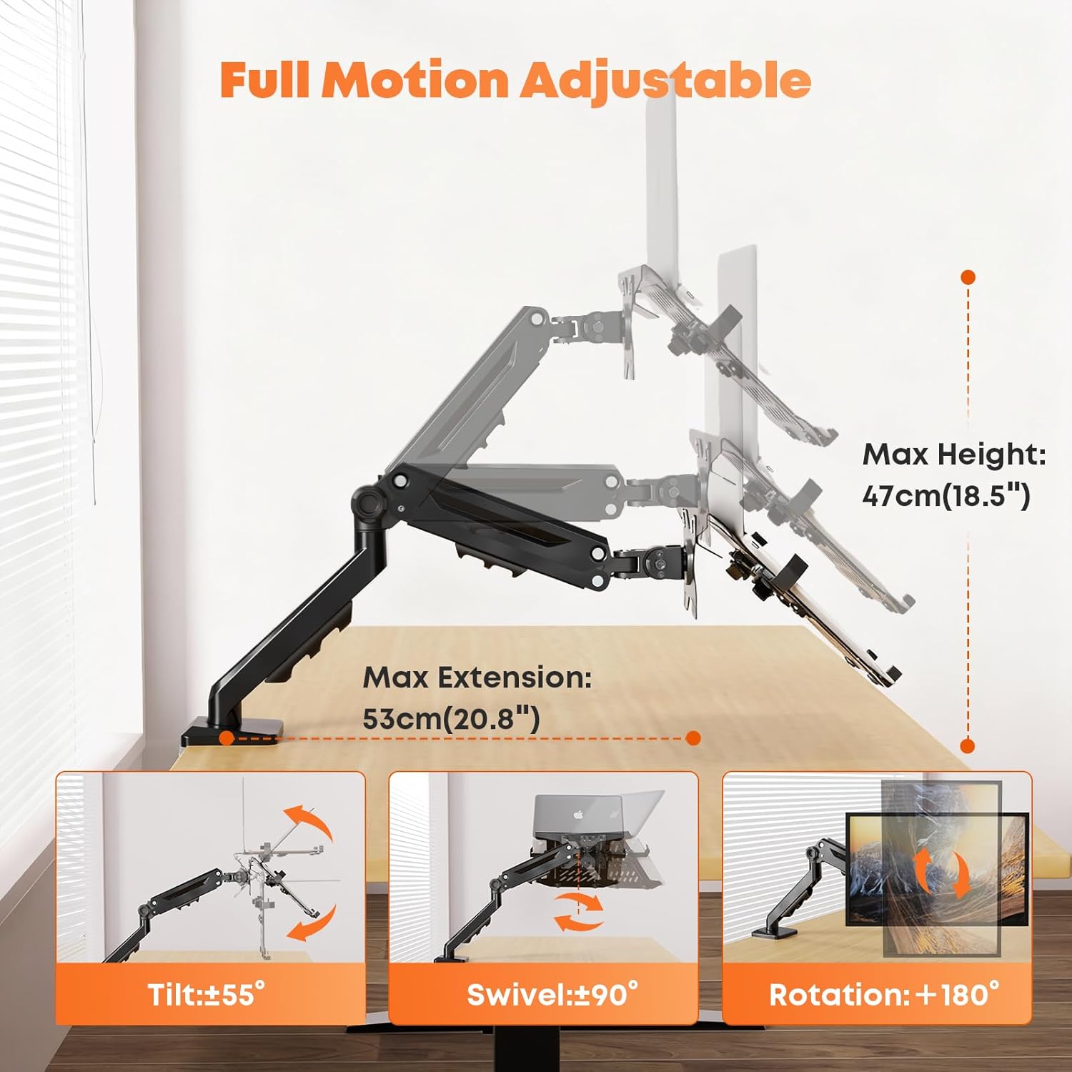 PUTORSEN Laptop Arm Mount Desk - Fits Max 18" Notebook and 40" Computer Screen, 2-in-1 Monitor Mount with Adjustable Laptop Tray, Hold Up to 26.5lbs