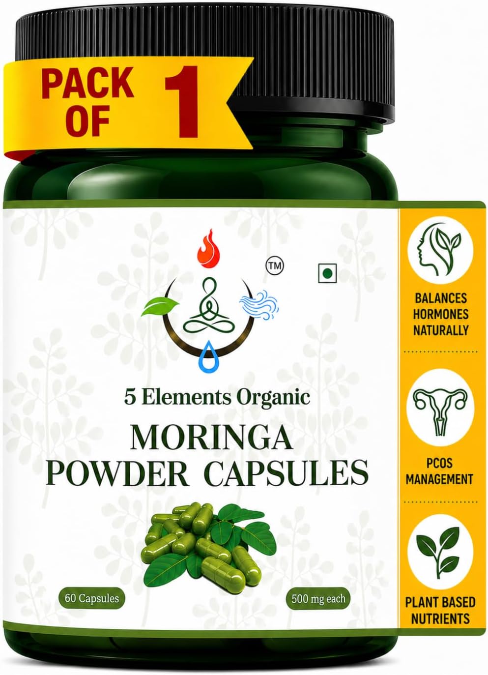Moringa Capsules 500mg | 60 Veg Capsules | Immunity, Energy & Antioxidant Support | Plant-Based | Gluten Free & Non-GMO pack of 1