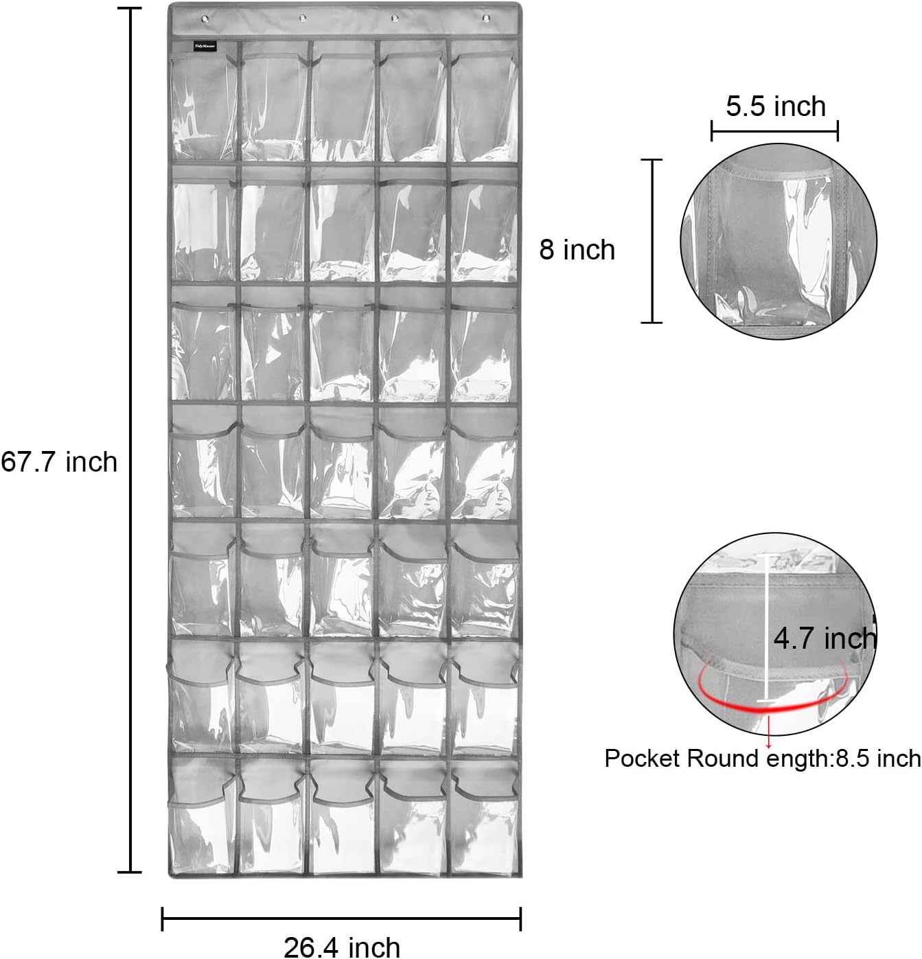Clear Crystal 2 Pack 35 Pockets Large Hanging Shoe Organizer Over The Door Shoe Rack for Closet Door Storage Shoe Holder Hanger, 8Hooks, grey