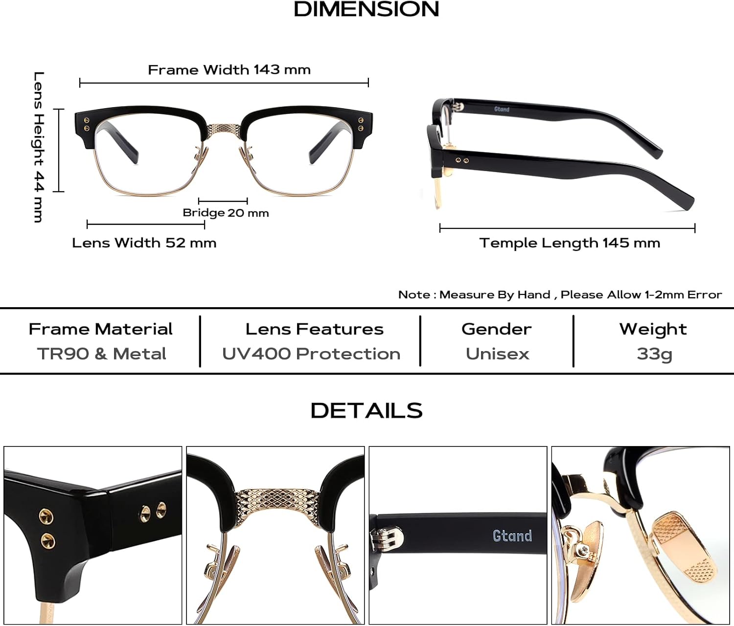 Gtand Vintage Retro Rectangle TR90 Frame Sunglasses For Men Women Fashion Semi-Rimless Metal Sun Glasses Eyewear - Image 5