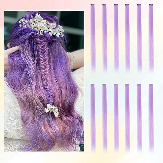 Coloured Hair Extensions for Kids Women, BARSDAR 12 PCS Colored Clip in Hair Extensions Rainbow Party Highlights Synthetic Hairpieces 21 Inch Light Pinkpurple Extensions with Rubber Bands