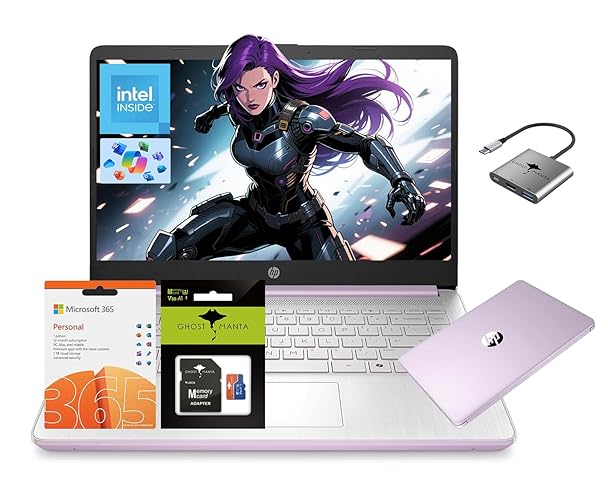 HP 14 Laptop, Quad-Core (Beat i3) 4GB RAM 256GB Storage(128GB UFS + 128GB SD Card) 1-Year Office 365 Copilot AI Computer for Student Study Back to School Win11 w/GM Accessory