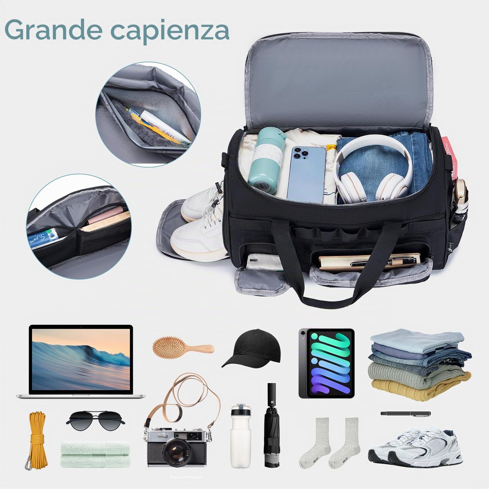 BAGZY 3 in 1 Borsone Palestra Uomo Impermeabile 40 Litri Borsa Sportiva Donna Borsone da Viaggio Tattica Militare Con Scomparto per Scarpe per Fitness Weekender Camping Con Borsa per Toilette Nero
