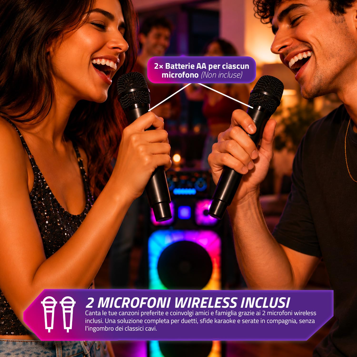 Avilia – Boîtier Bluetooth 800 W avec microphones sans fil, lumières LED RVB et télécommande | Haut-parleur portable puissant pour karaoké et fête, batterie rechargeable jusqu'à 8 heures d'autonomie