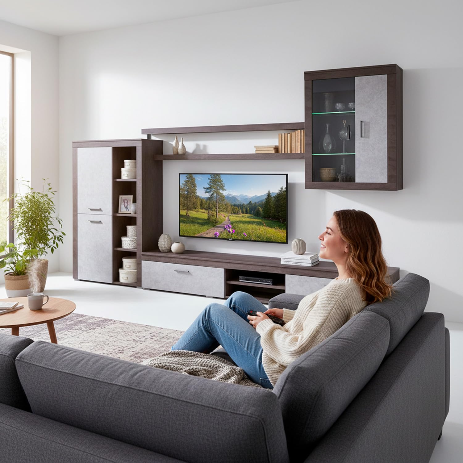 Arreditaly Parete Attrezzata Da Soggiorno Salotto Moderna Con Ante Mensole Vani A Giorno Vetrinetta Mobile TV Design Moderno Moduli Sospesi 293 x 193 x 50 Cm (Ossido e Grigio Cemento)