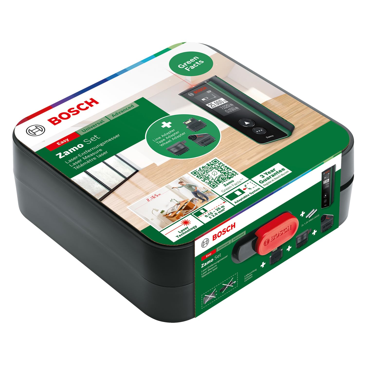 Bosch Medidor Láser Zamo 4.ª gen. con 3 adaptadores (medición fácil y precisa hasta 25 m, pilas recargables mediante USB-C®, con función de acoplamiento, en caja)