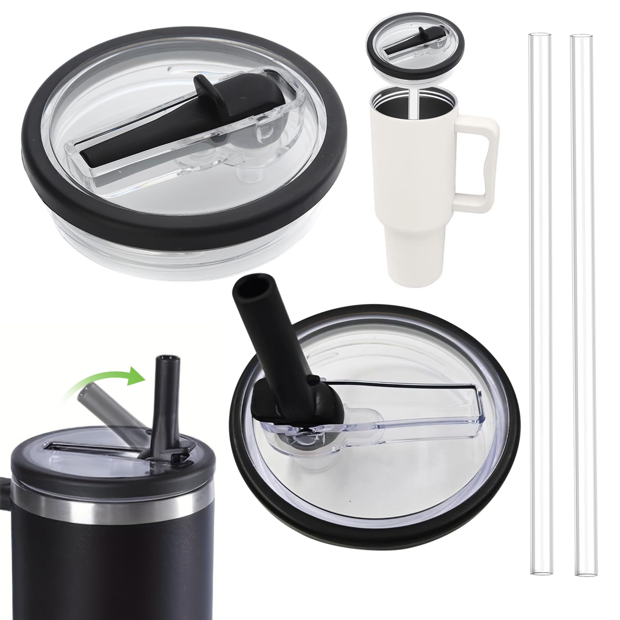 Stanley Cup Accessori, 2 PCS Stanley Cup Lid Replacement 40 Oz, Stanley Cup Accessories with 2 Pieces Straw, Reusable Replacement Lids Leakproof And Dustproof(Nero)
