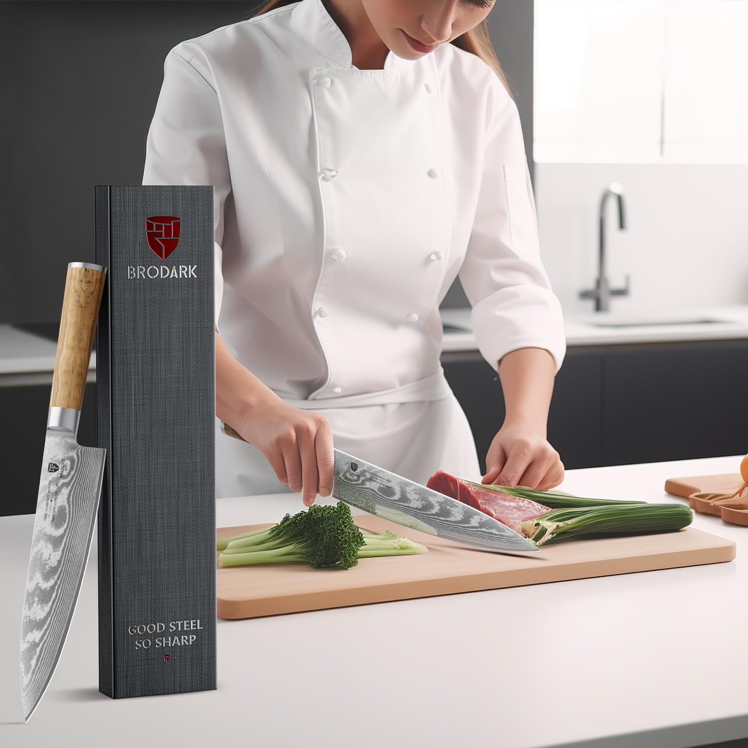 BRODARK Damaszener Kochmesser 8 Zoll,Japanisches Küchenmesser mit VG10 Stahlkern,Ultra scharfes professionelles Kochmesser,Olivenholzgriff,High Carbon Edelstahl
