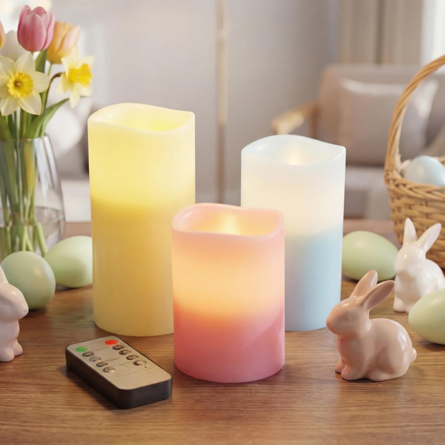 VIHOSE Pastel Flameless Candles Battery Operated Flameless Pillar Candles Real Wax Fake Candle with Remote and Timer Flickering for St. Patrick's Easter Gift Home Party