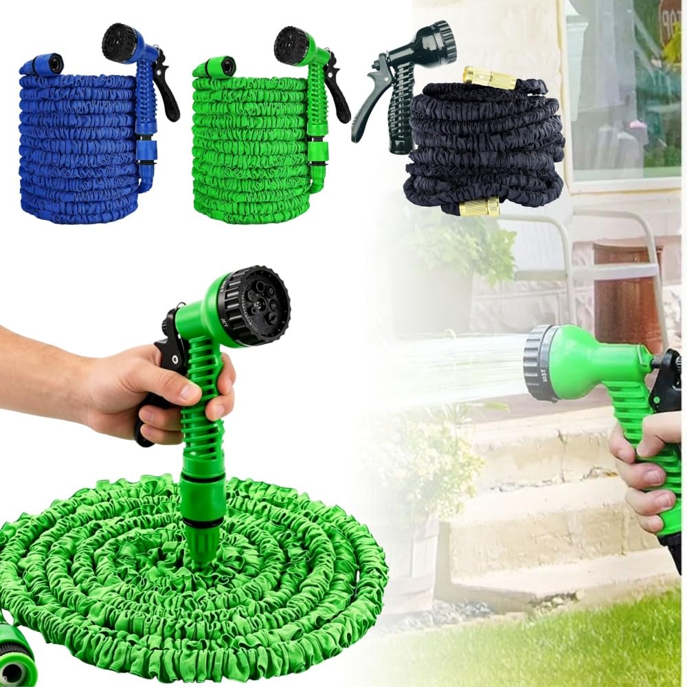 Expandable Garden Hose 100ft with 7-Function Spray Gun – 3X Stretching Magic Water Hose – Lightweight, Leakproof – Includes 3/4", 1/2" Brass Fittings – for Yard, Car Wash & Gardening,Blue