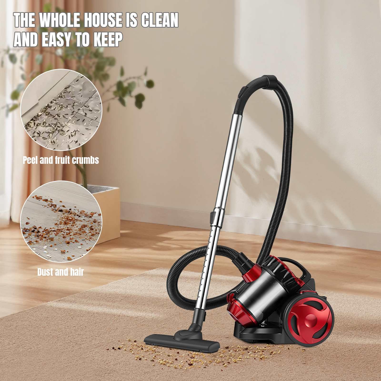 Aspirador sin bolsa, 1,5 L, aspirador escoba, 4,5 m, cable de alimentación (A) | 2000 W de filtración de alto rendimiento, silencioso, para alfombras, alfombras y suelos duros, coche, laminado y baldosas