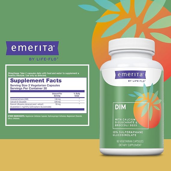 Emerita by Life-flo DIM Supplement, Balancing Support for Women with 100mg DIM Plus Calcium D-Glucarate and Broccoli Seed Extract, Not Tested on Animals, 30 Servings, 60 VegCaps