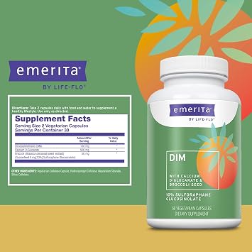 Emerita by Life-flo DIM Supplement, Balancing Support for Women with 100mg DIM Plus Calcium D-Glucarate and Broccoli Seed Extract, Not Tested on Animals, 30 Servings, 60 VegCaps