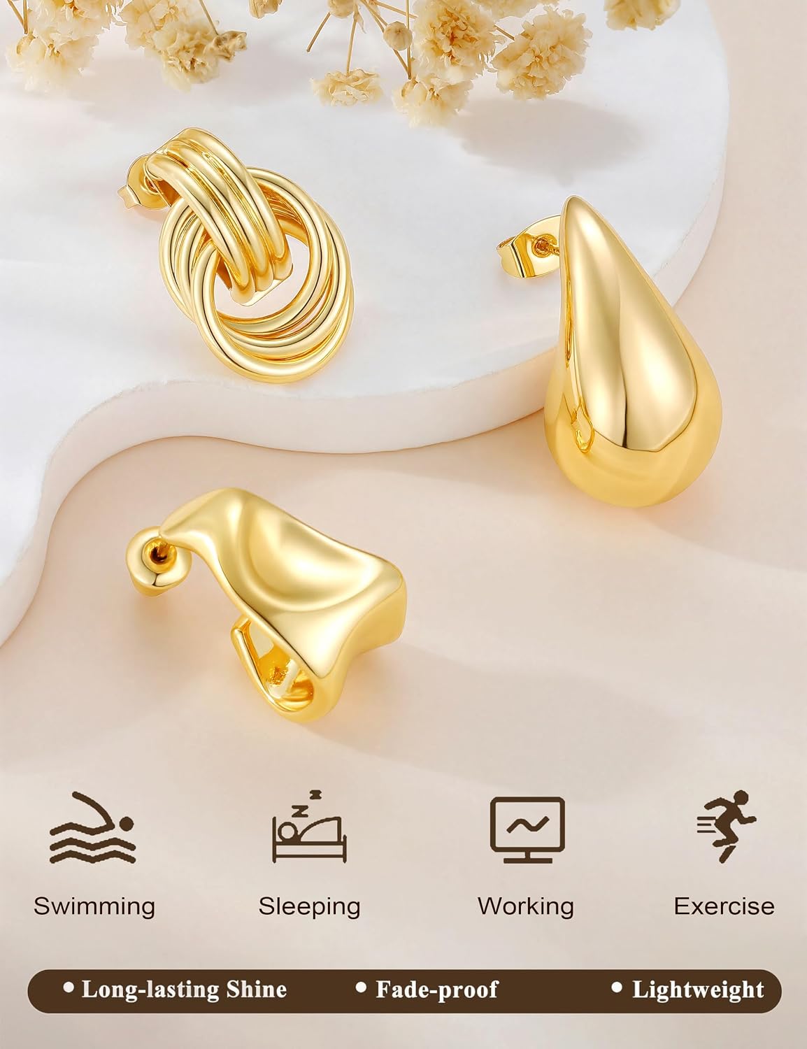 TURANDOSS Hypoallergenic Chunky Gold Stud Earrings Set for Women Girls