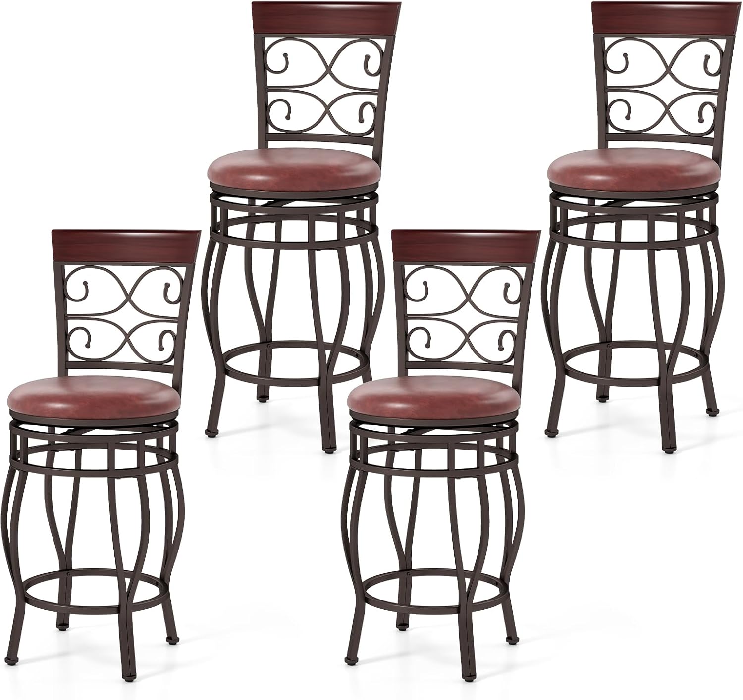 GOFLAME Juego de 4 taburetes de bar giratorios de 26 pulgadas de altura de mostrador con asiento tapizado de piel sintética, respaldo ergonómico y